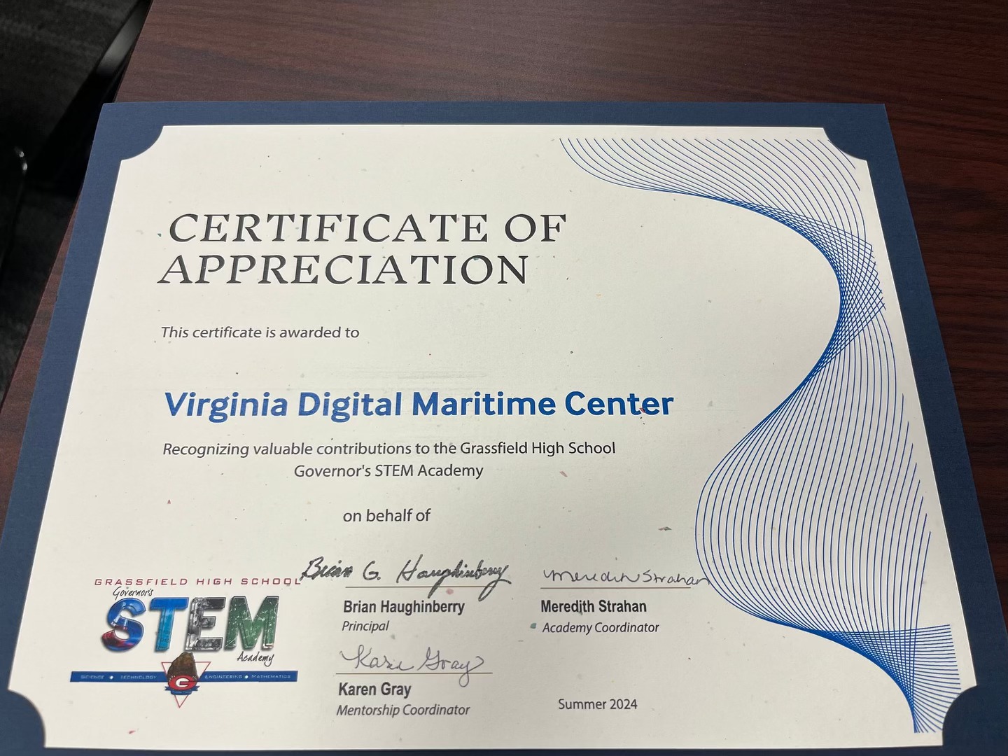 VDMC Recognized at Grassfield High School Partnership Meeting and Appreciation Breakfast